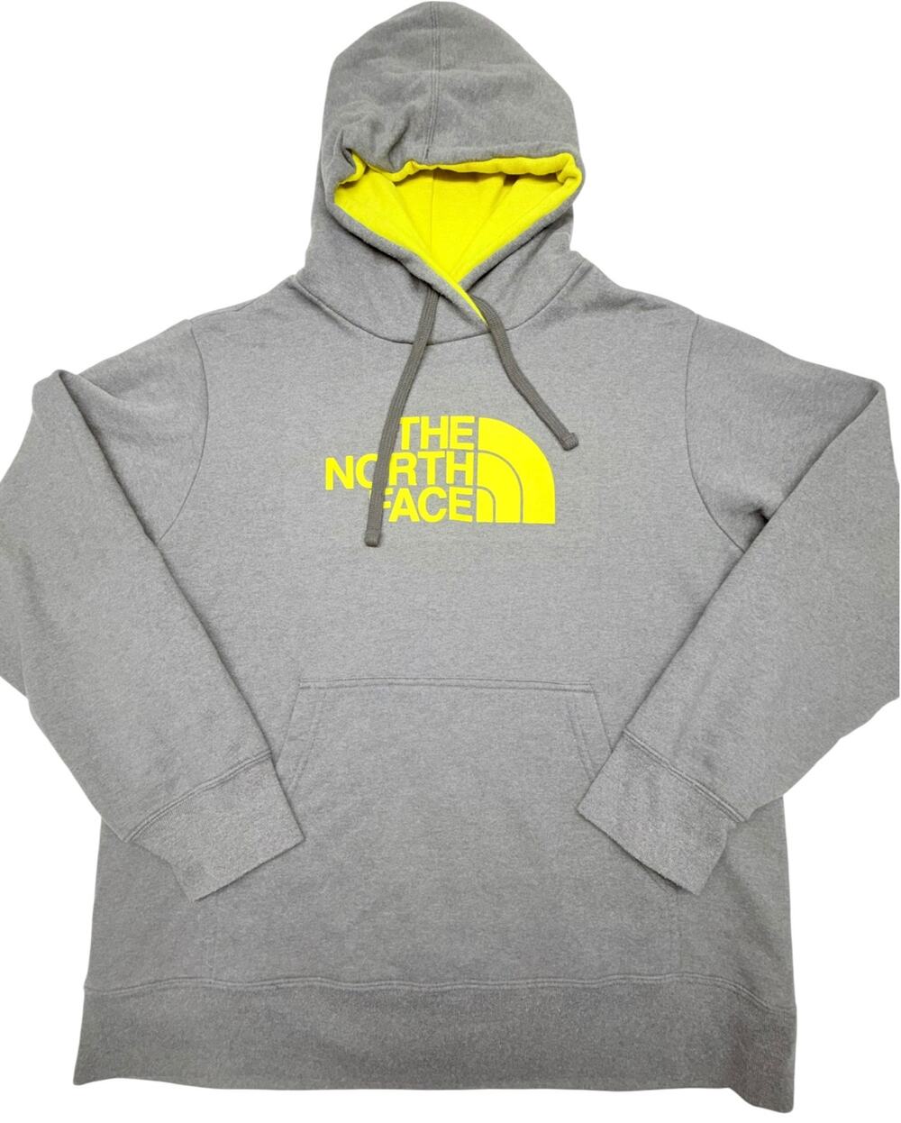 The North Face Men’s Large Gray Hoodie Neon Yellow Logo Pullover Sweatshirt
